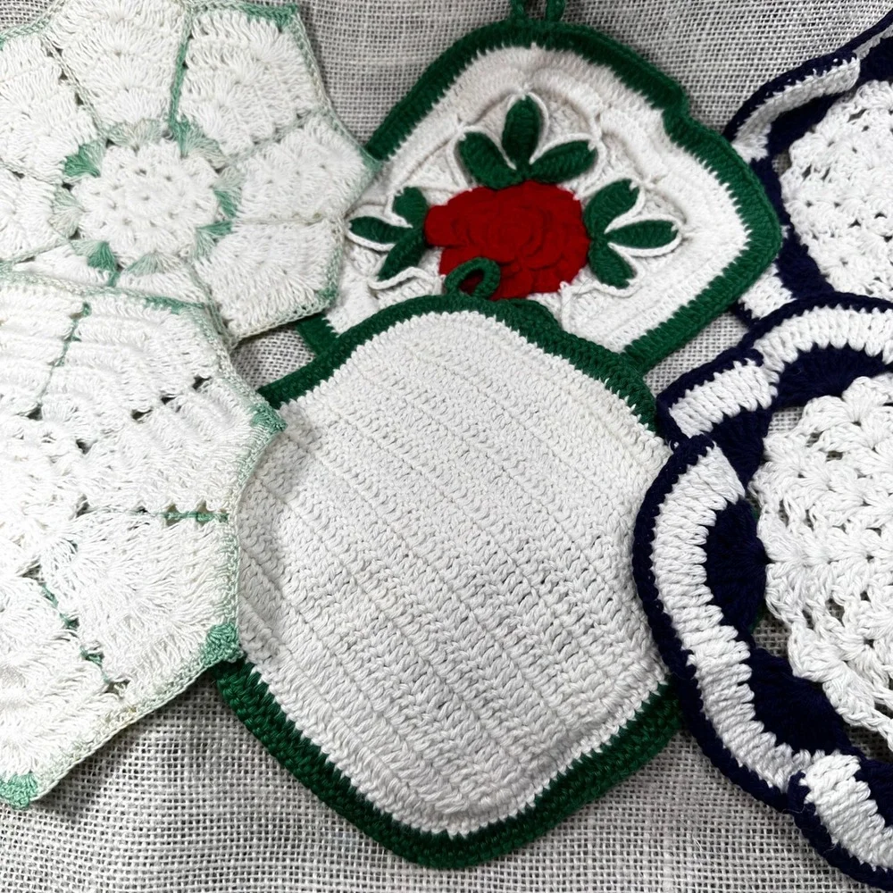 Vintage Handmade Crochet Potholder Set‎ 6pc Red Rose Navy Blue Mint Green Floral